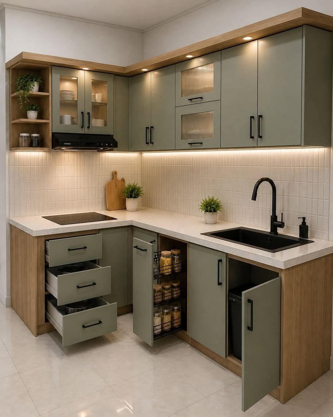 L-shaped kitchen with soft green cabinets, light wood trim, and white tiled backsplash.