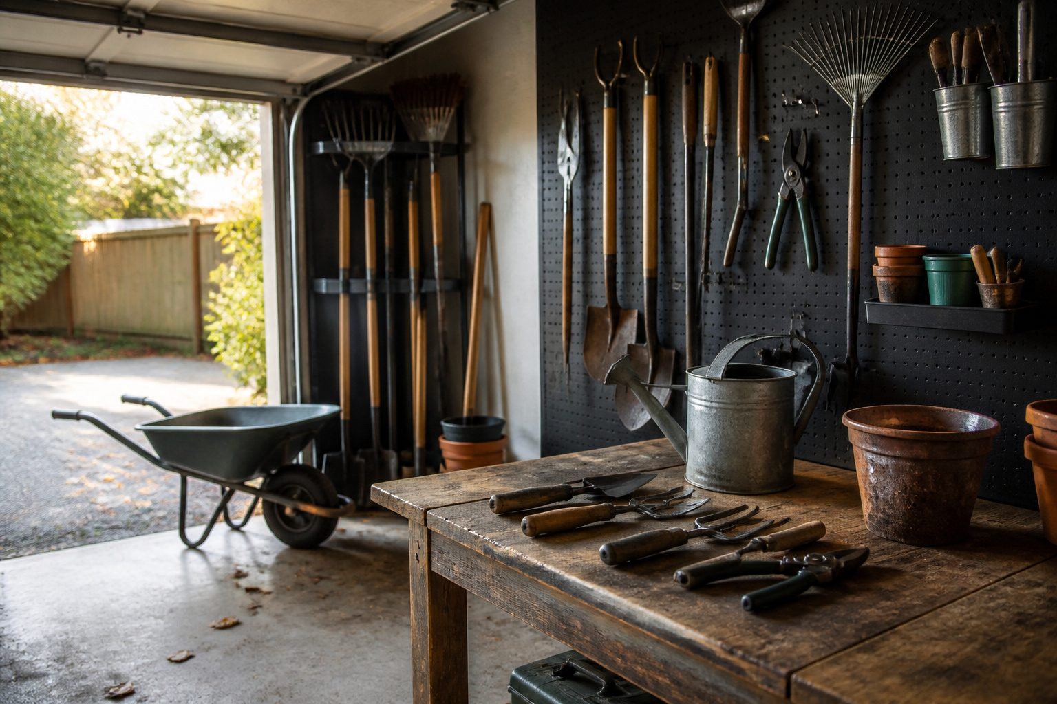 A well-organized garage with various garden tools stored efficiently.