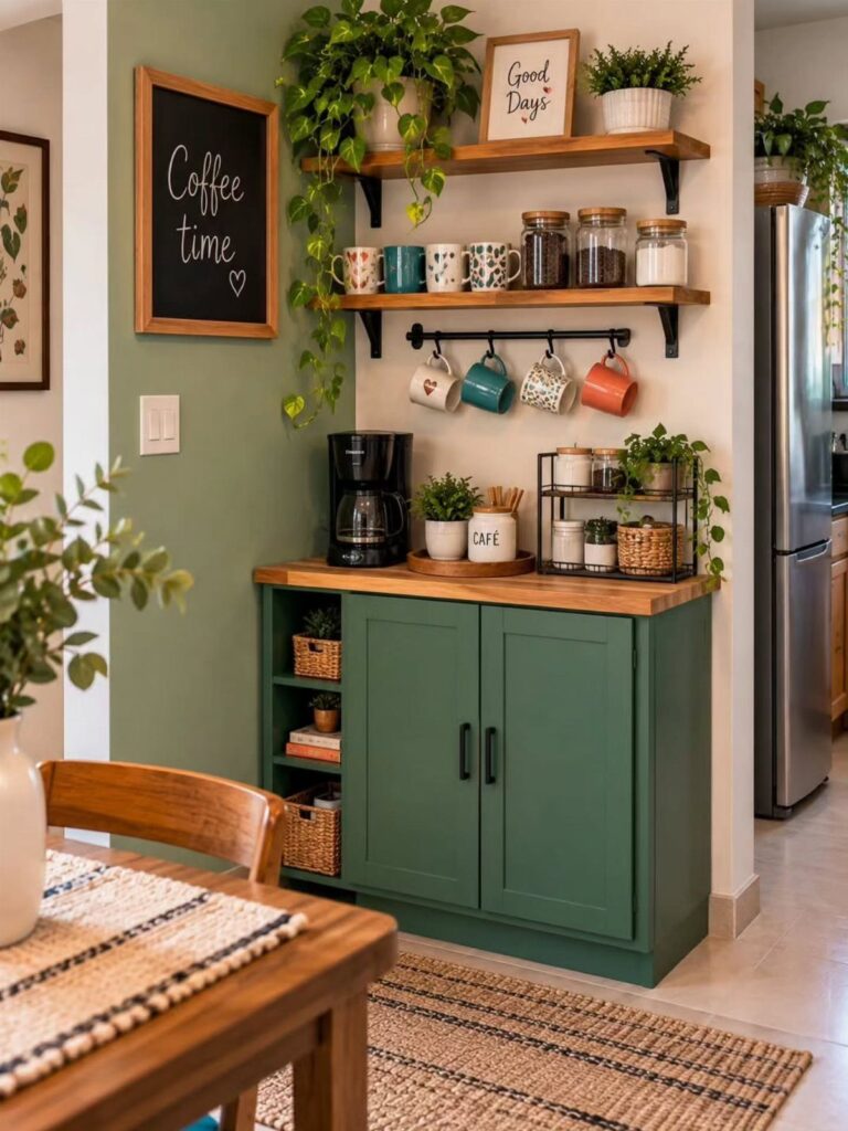 A green coffee station cabinet with wooden shelves holding plants, coffee mugs, and a coffee maker.