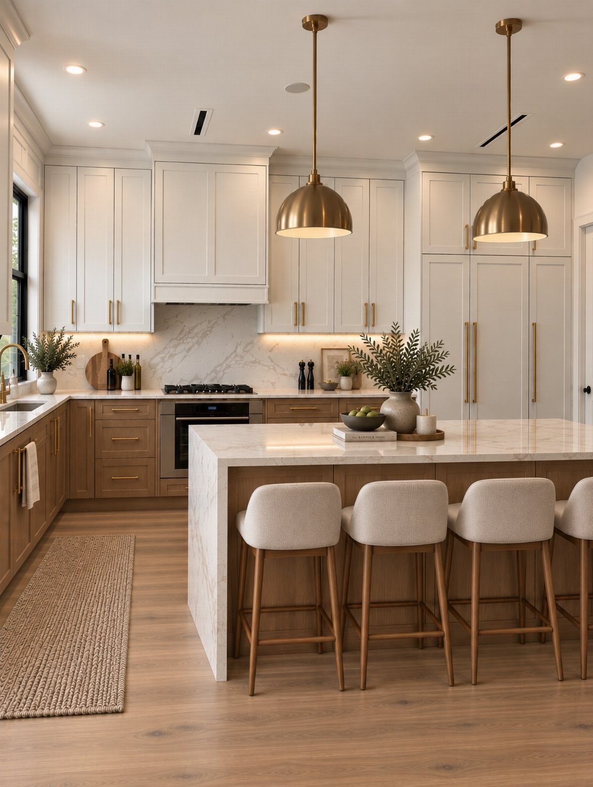 Modern kitchen with white upper cabinets, wood lower cabinets, and a marble island with bar stools.