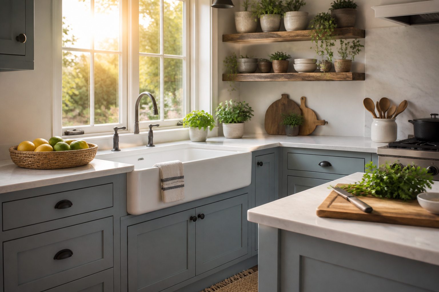 Cozy kitchen with soft muted blue cabinets during golden hour