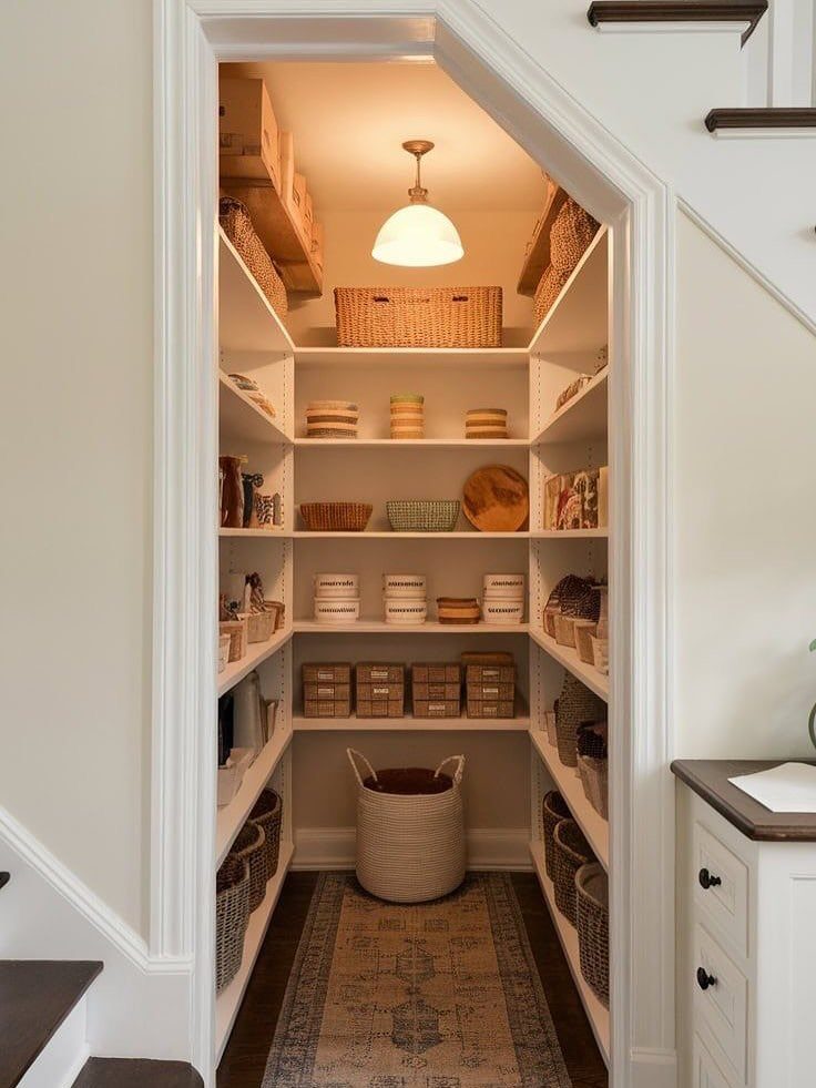 White built-in shelves filled with baskets and containers inside a pantry under a staircase.
