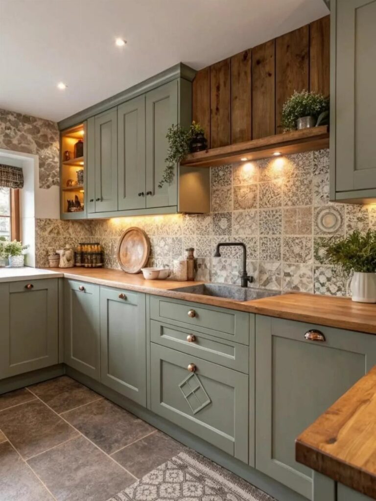 Sage green kitchen cabinets paired with natural wood countertops and a patterned tile backsplash.