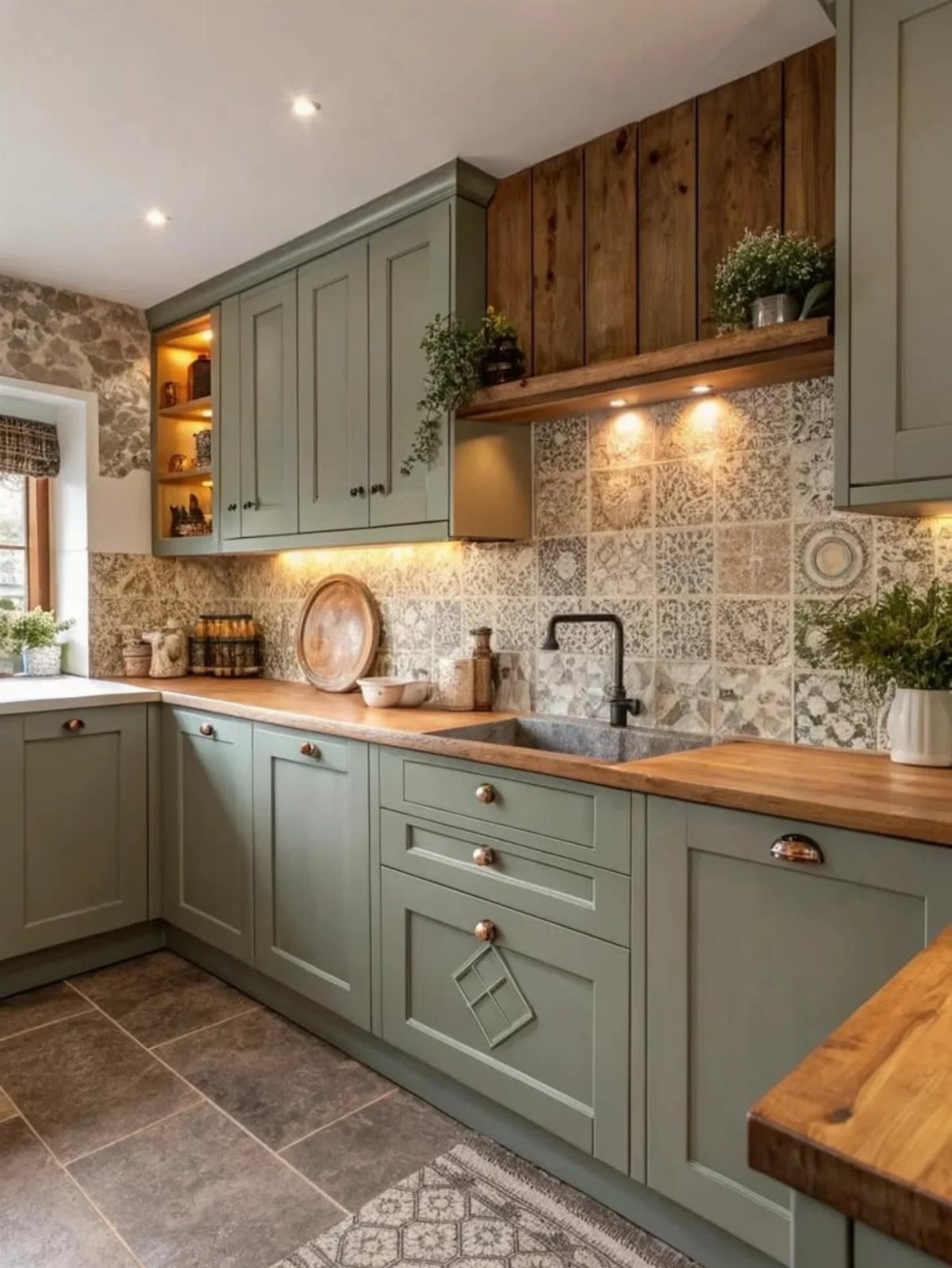 Sage green kitchen cabinets paired with natural wood countertops and a patterned tile backsplash.