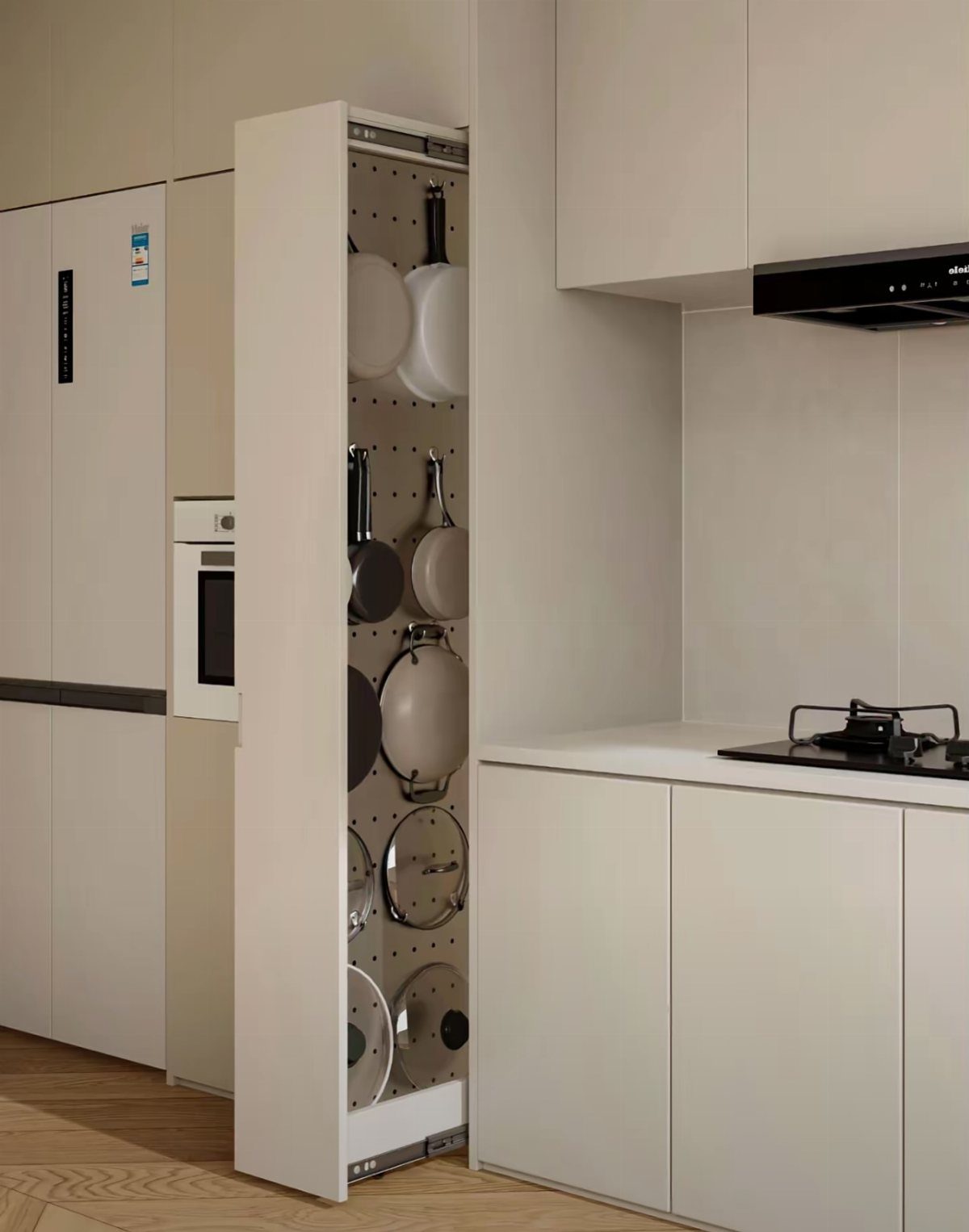 A tall vertical pull-out kitchen cabinet filled with organized pots and pans in a modern kitchen.