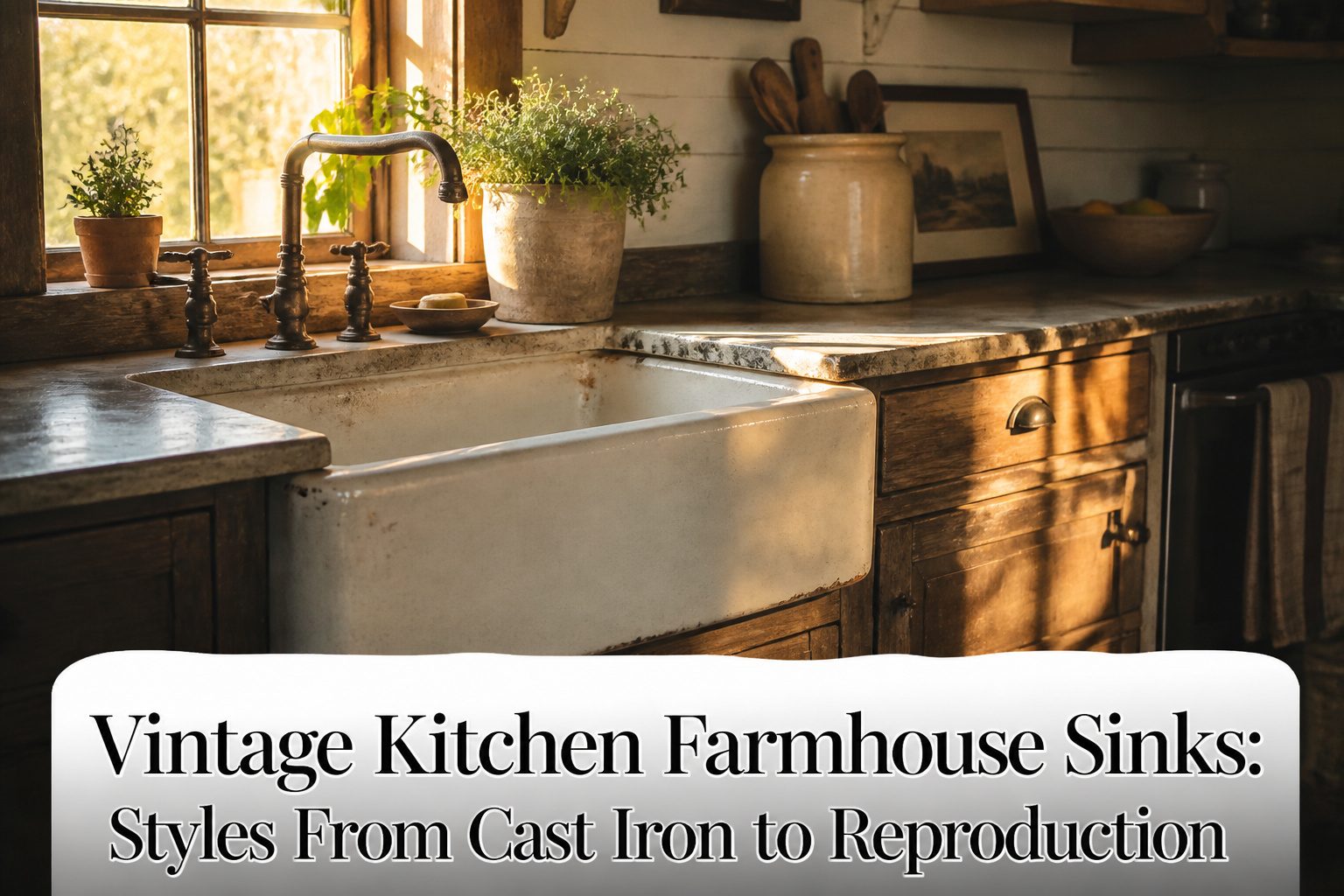 Various vintage farmhouse sinks displayed together with different designs and finishes.