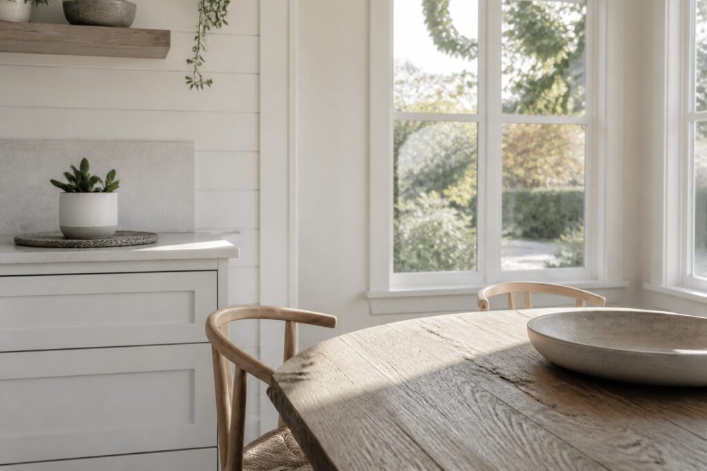 A kitchen with white oak cabinets and white walls illuminated by sunlight.